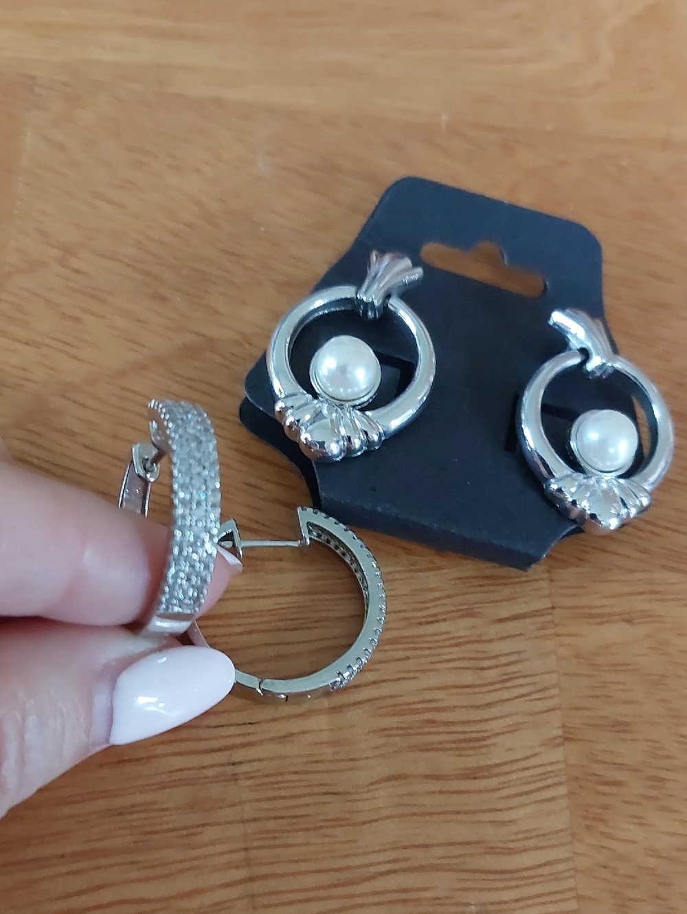 2 Pair Silvertone Earrings Crystal Hoops And Faux Pearl Knockers